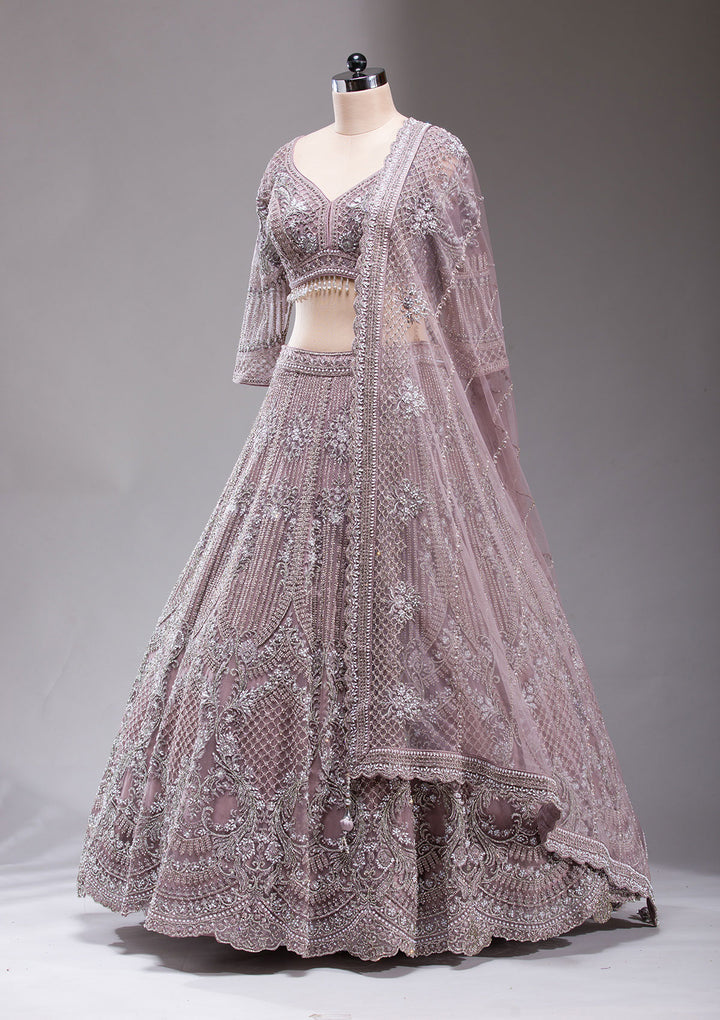 Mauve Silver Stonework Net Readymade Lehenga