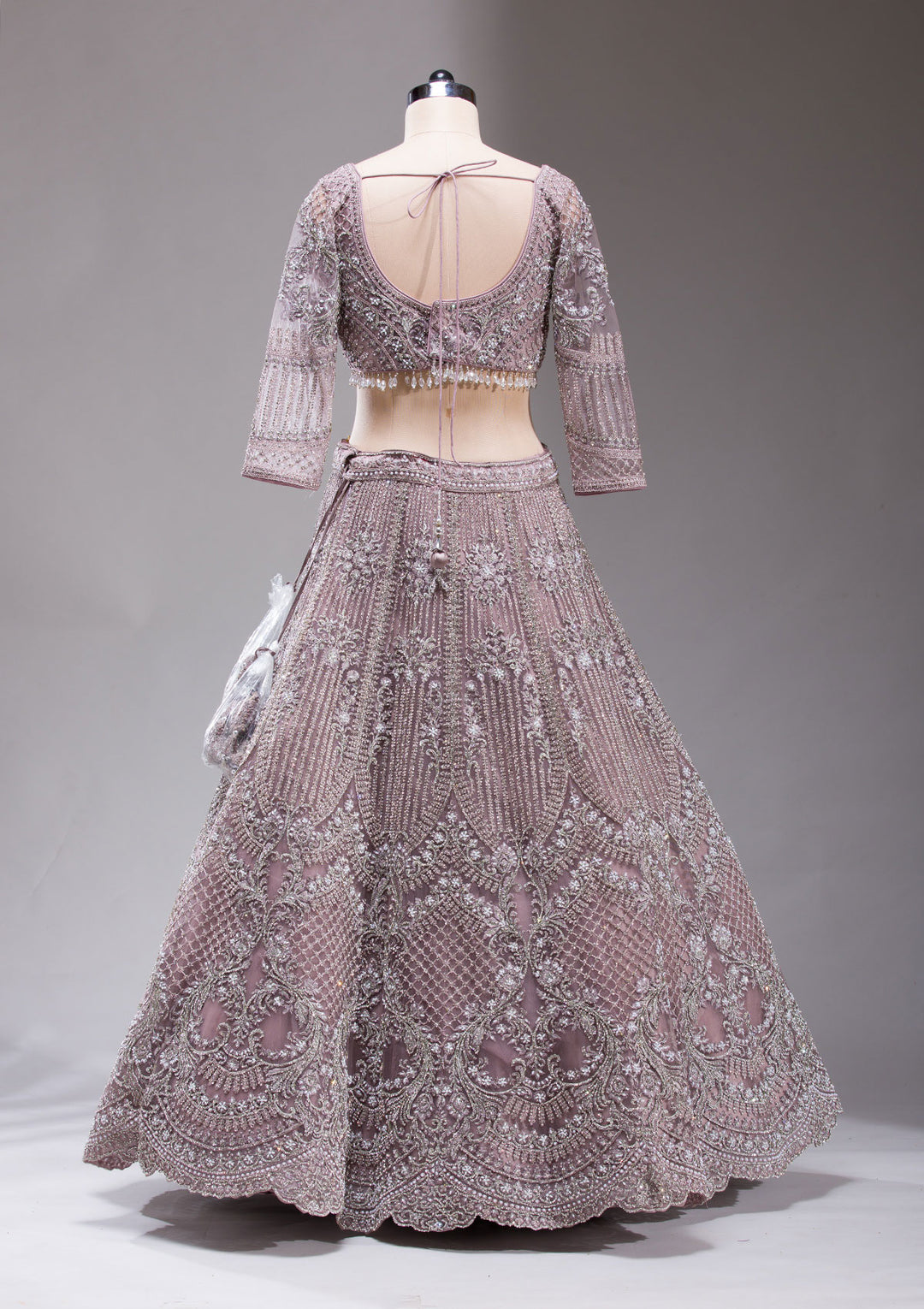 Mauve Silver Stonework Net Readymade Lehenga