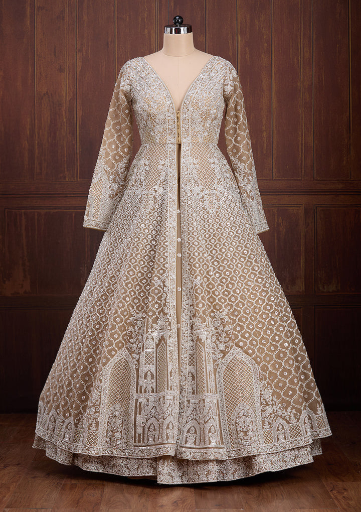 Beige Silver Zariwork Net Readymade Lehenga