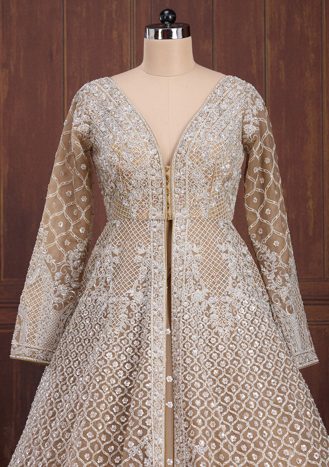 Beige Silver Zariwork Net Readymade Lehenga