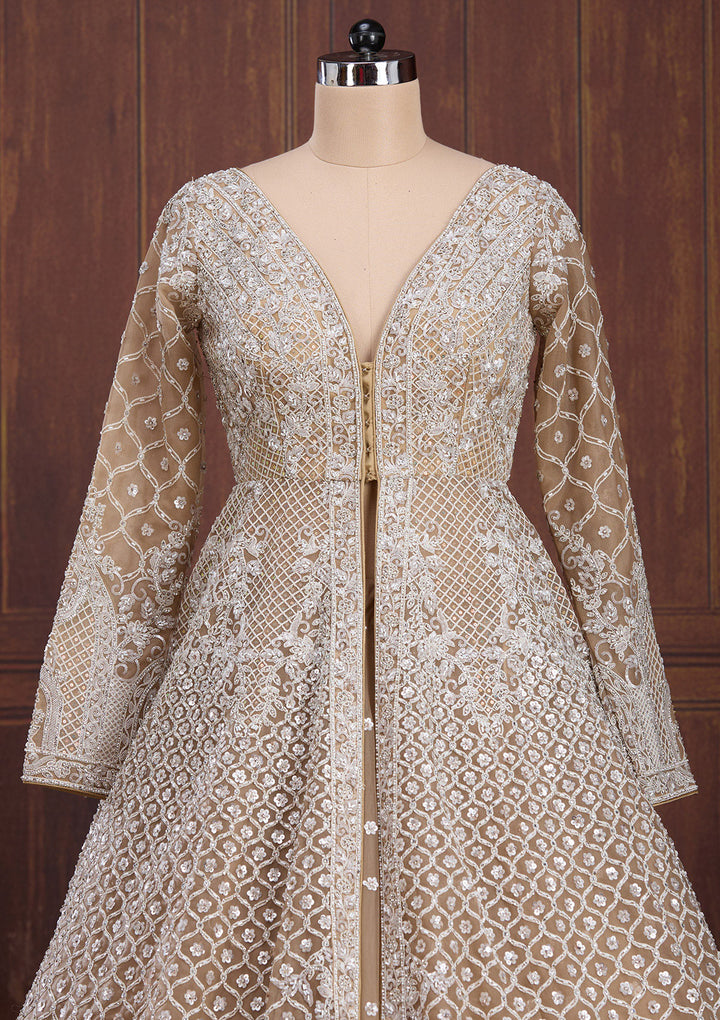 Beige Silver Zariwork Net Readymade Lehenga