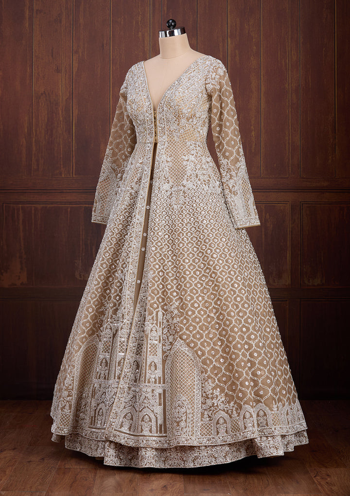 Beige Silver Zariwork Net Readymade Lehenga
