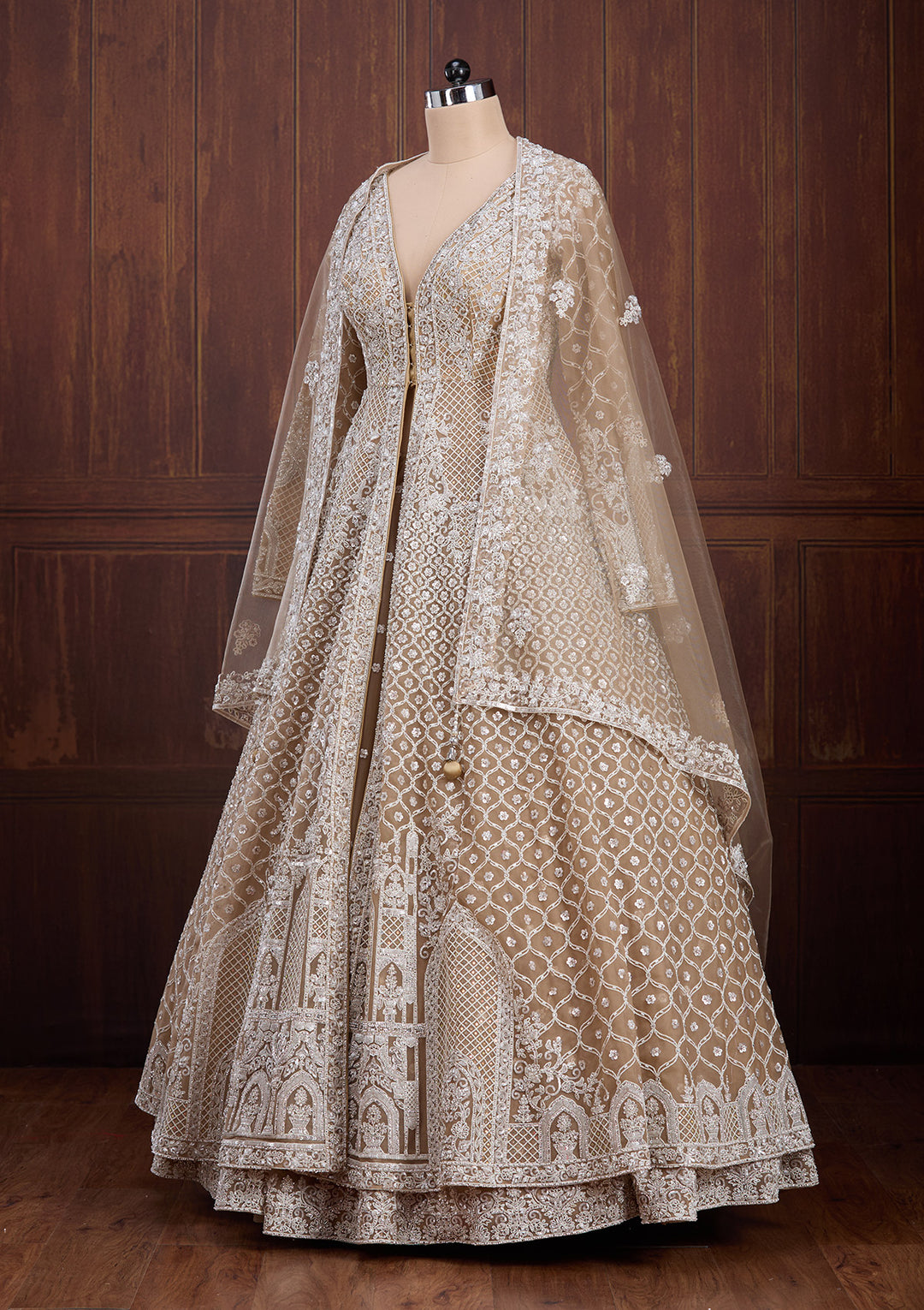 Beige Silver Zariwork Net Readymade Lehenga