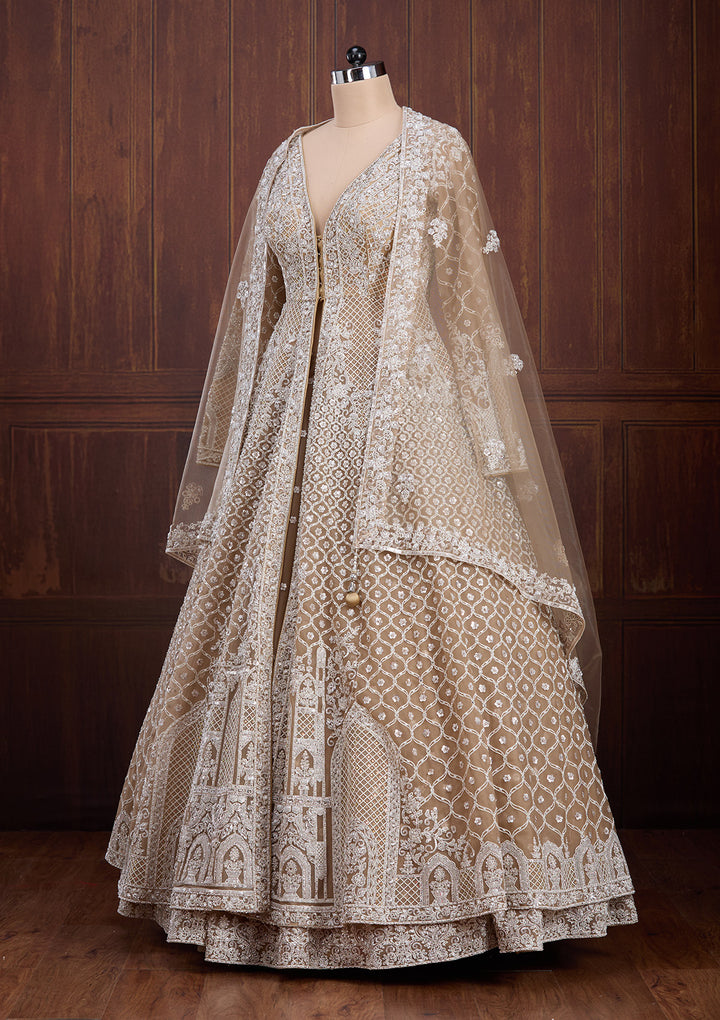 Beige Silver Zariwork Net Readymade Lehenga