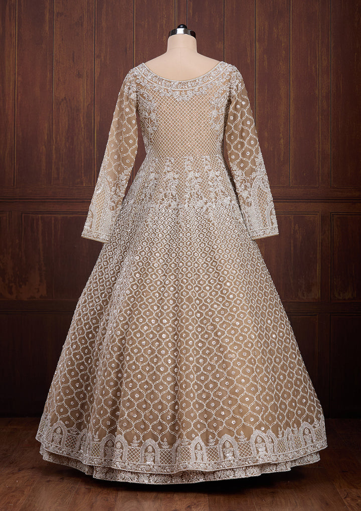 Beige Silver Zariwork Net Readymade Lehenga