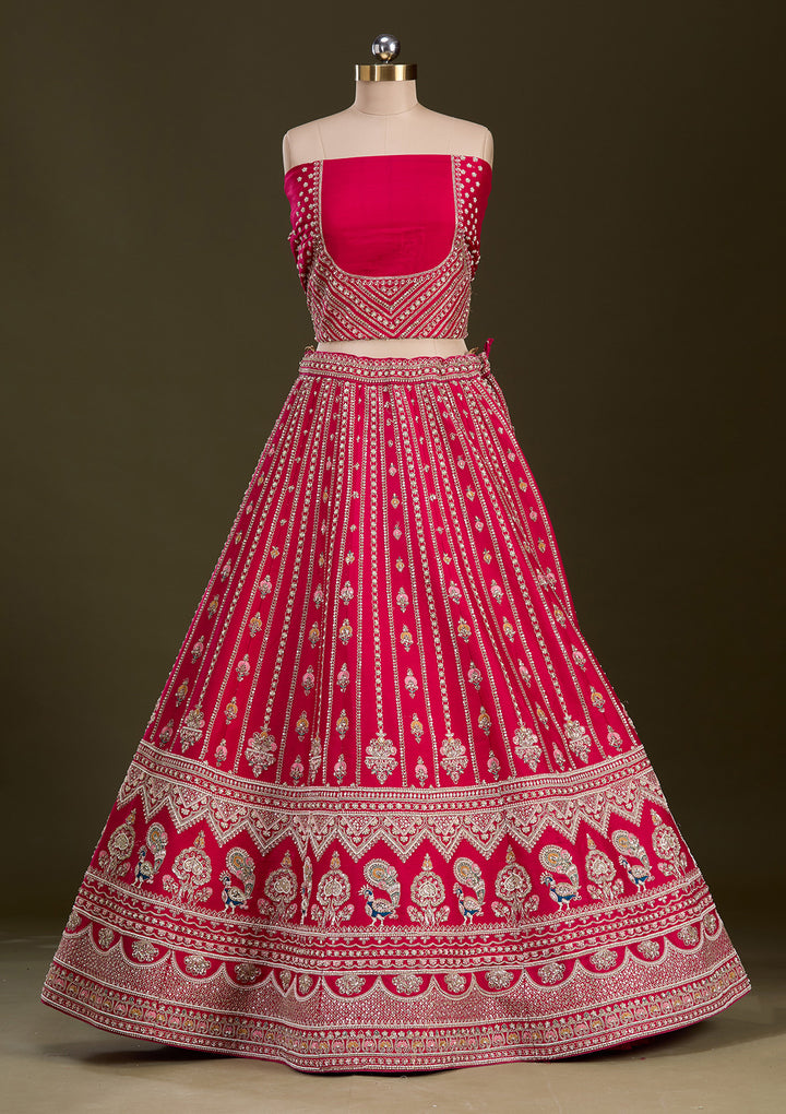 Rani Pink Zardosi Raw Silk Semi-Stitched Lehenga