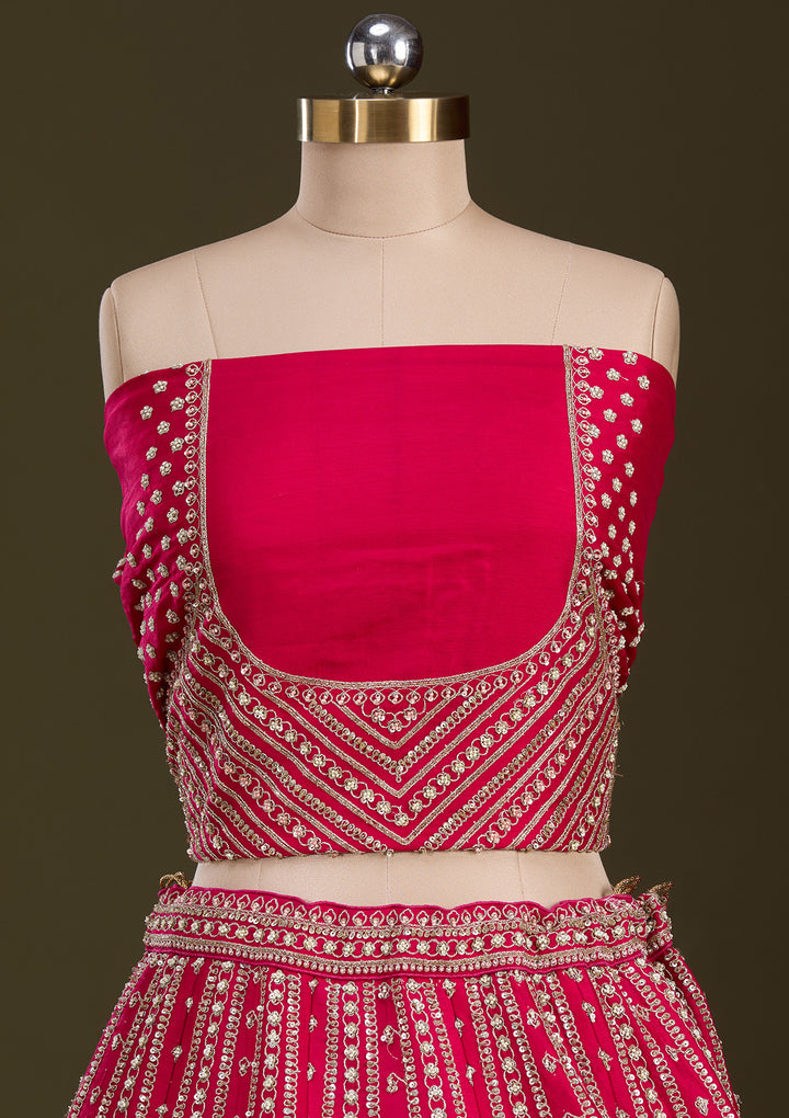 Rani Pink Zardosi Raw Silk Semi-Stitched Lehenga