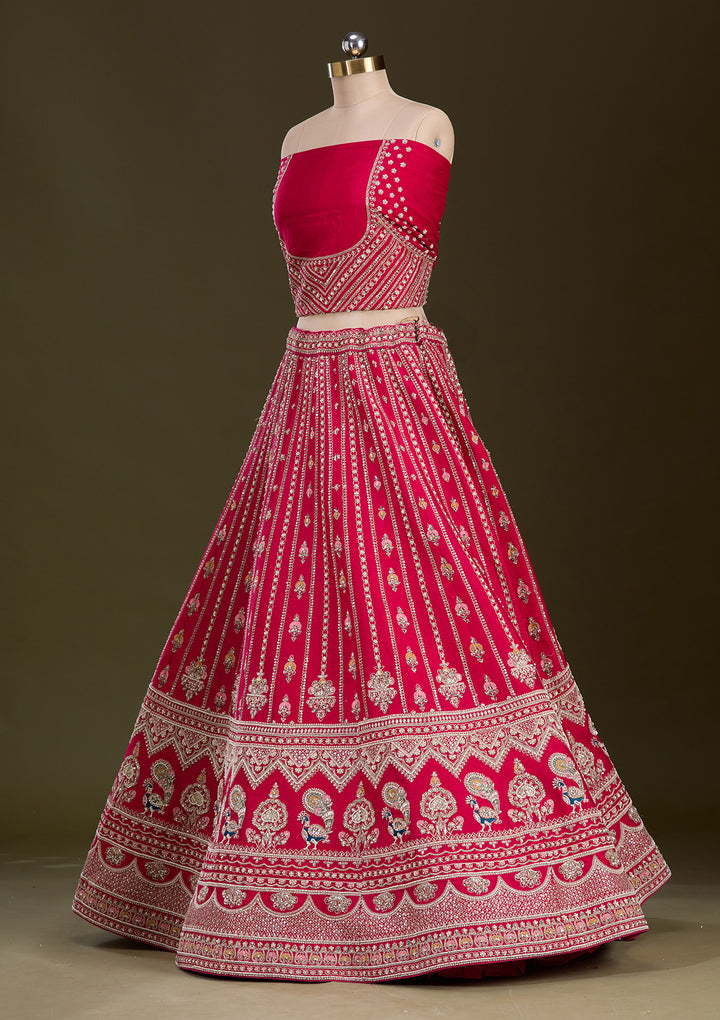 Rani Pink Zardosi Raw Silk Semi-Stitched Lehenga