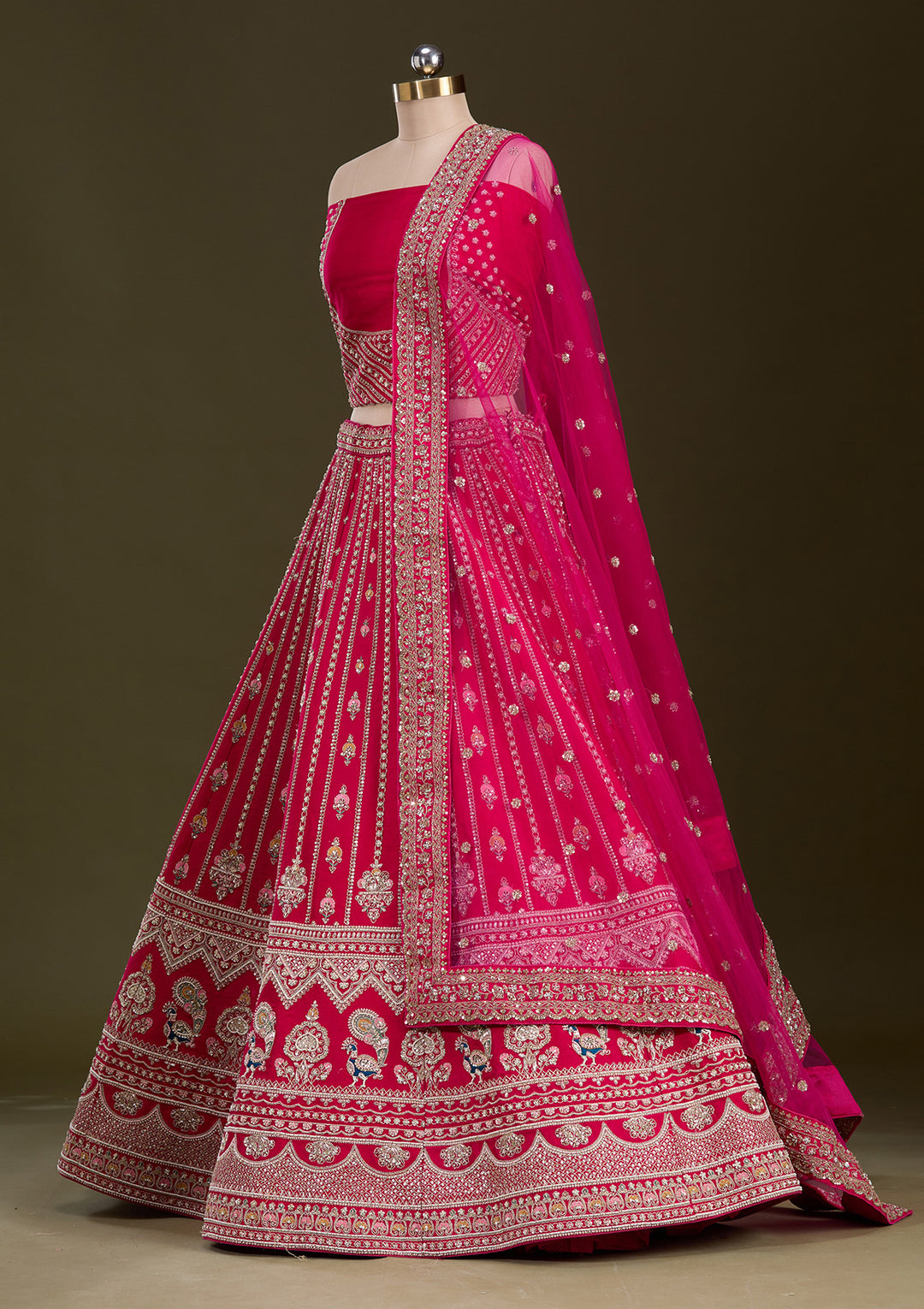 Rani Pink Zardosi Raw Silk Semi-Stitched Lehenga