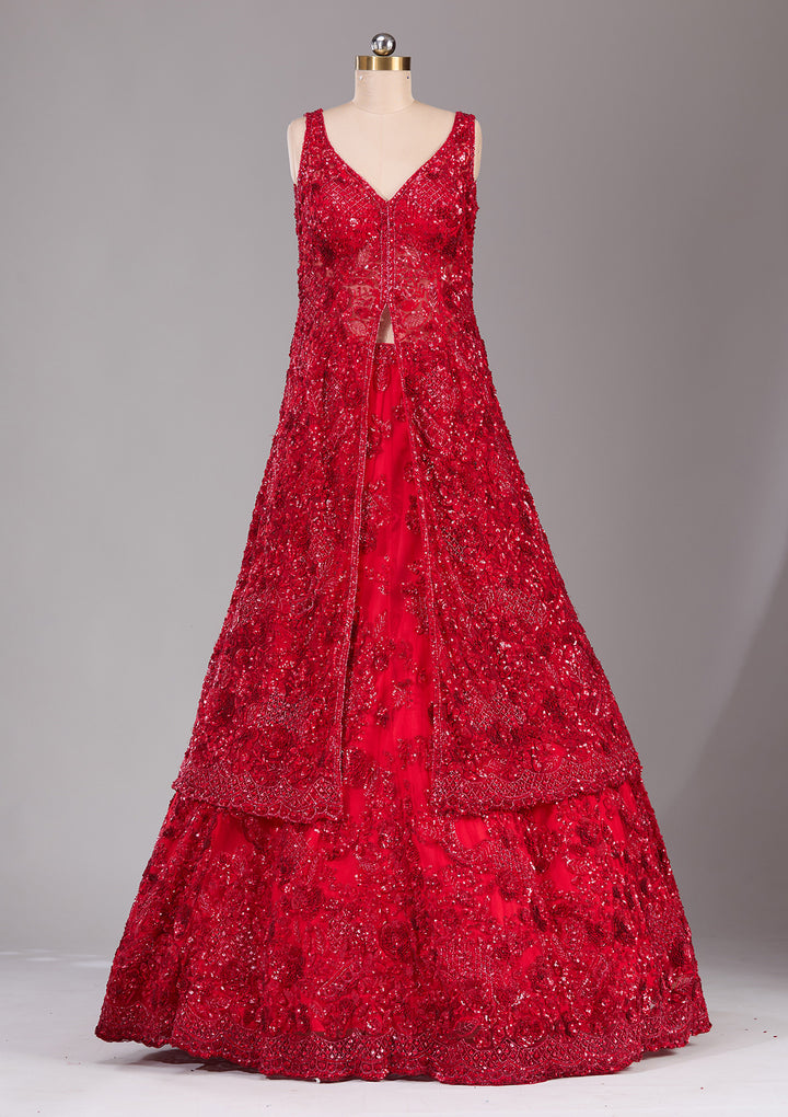 Red Sequins Net Readymade Lehenga