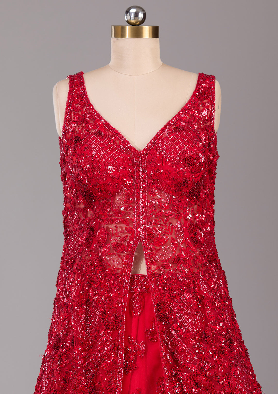 Red Sequins Net Readymade Lehenga
