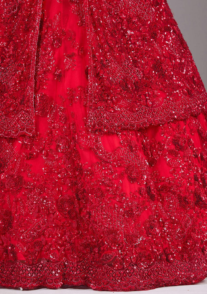Red Sequins Net Readymade Lehenga