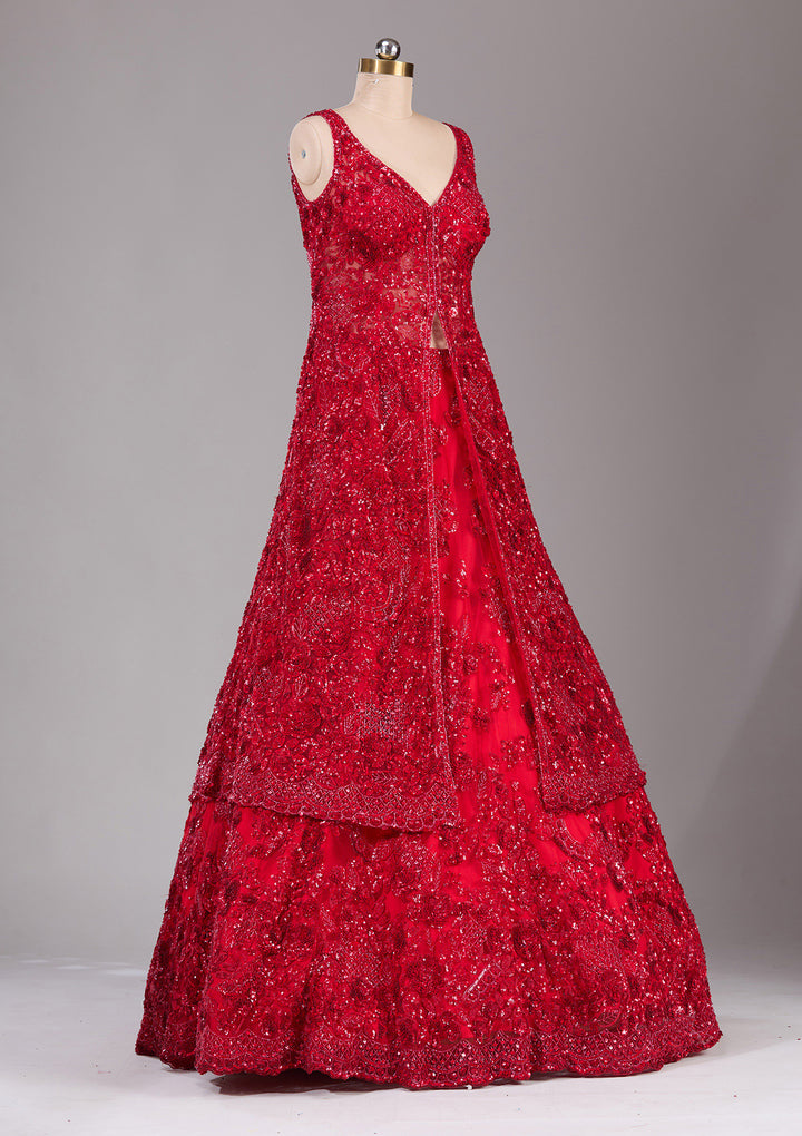 Red Sequins Net Readymade Lehenga