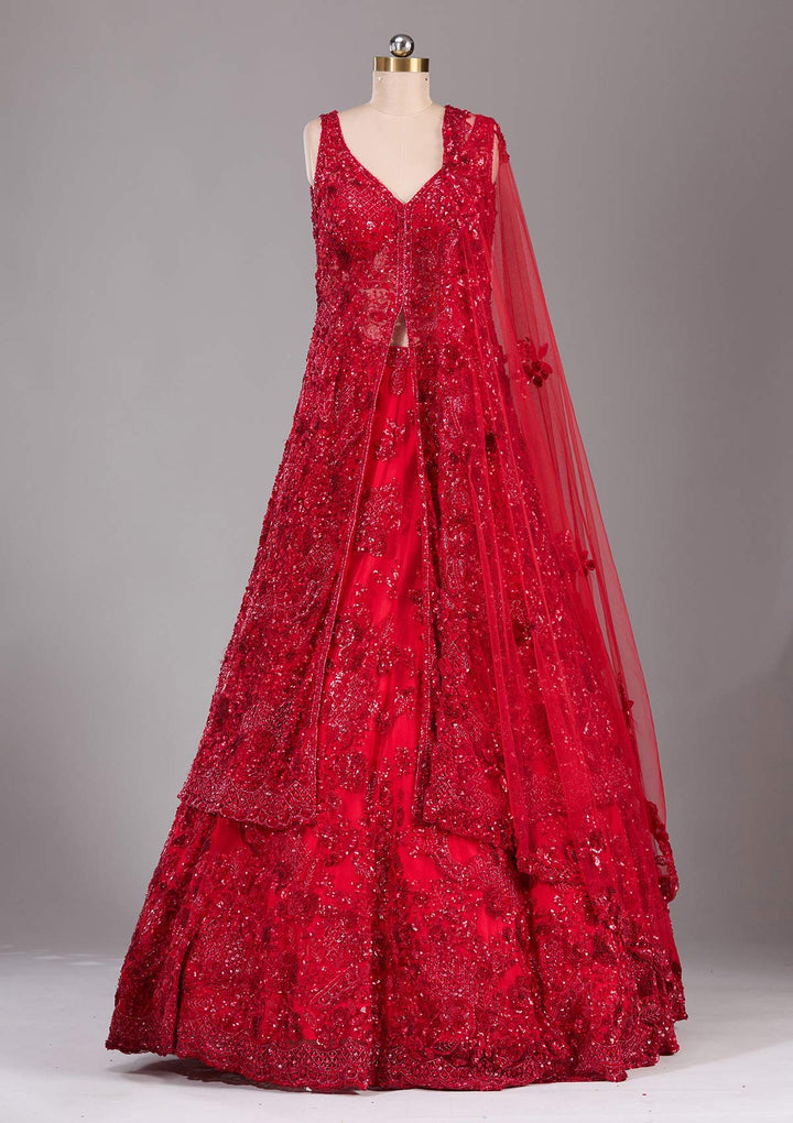 Red Sequins Net Readymade Lehenga