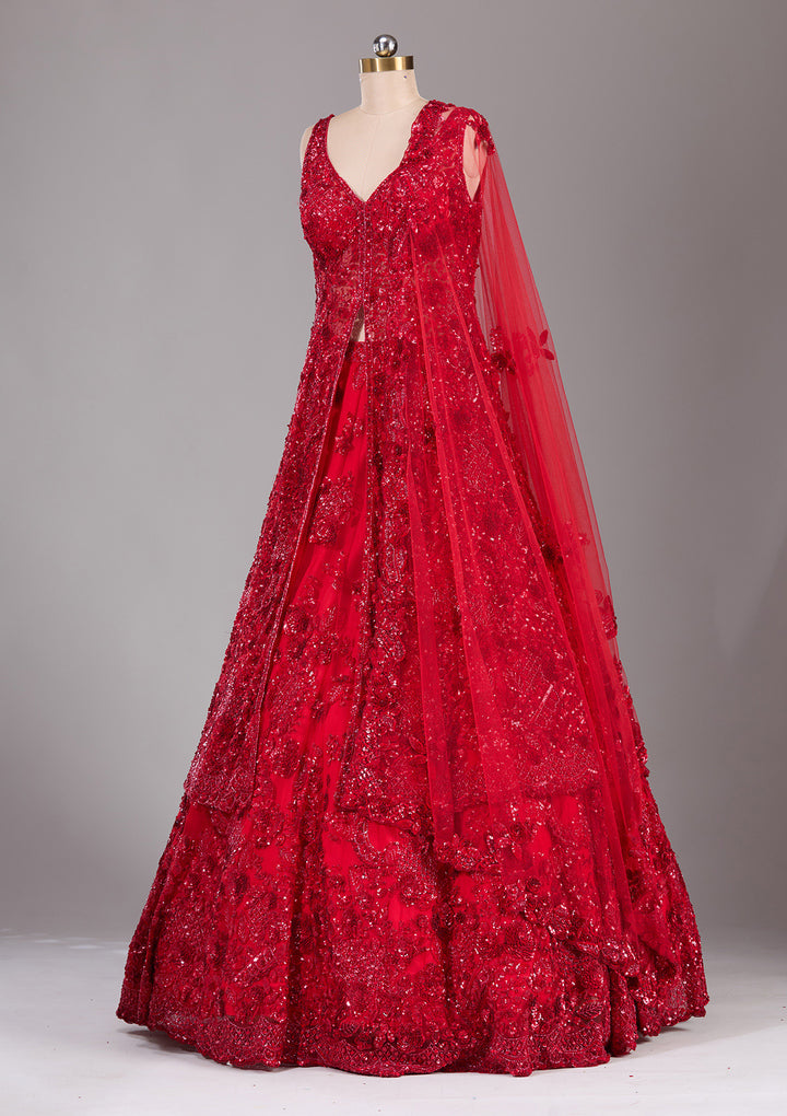 Red Sequins Net Readymade Lehenga