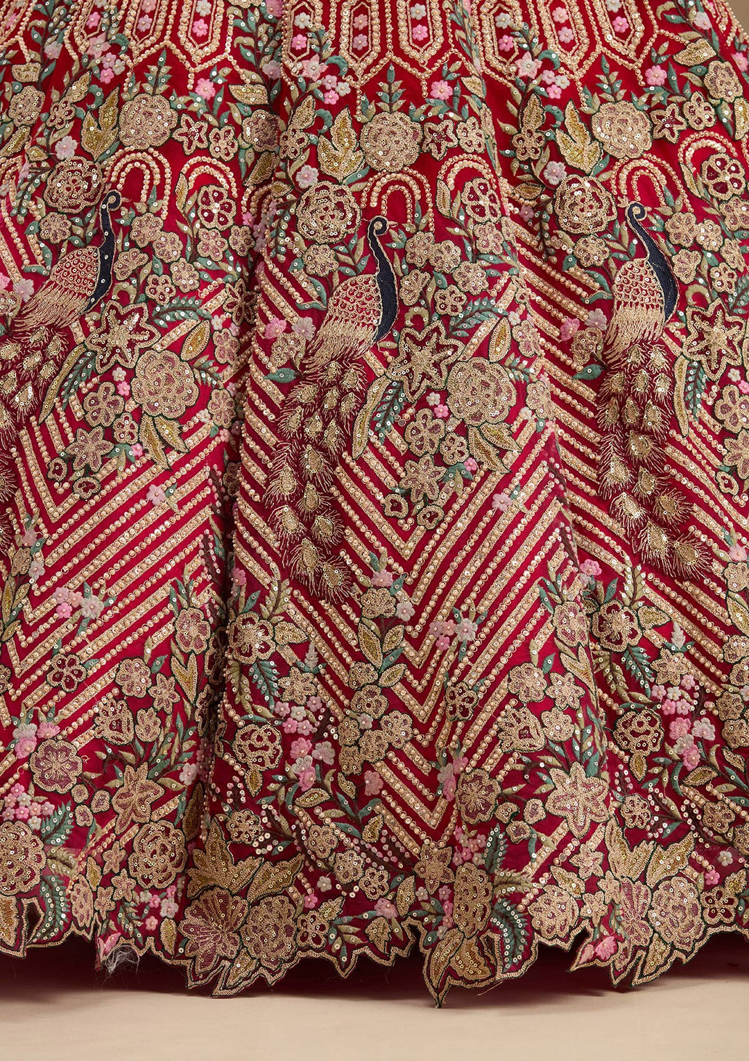 Rani Pink Threadwork Net Readymade Lehenga
