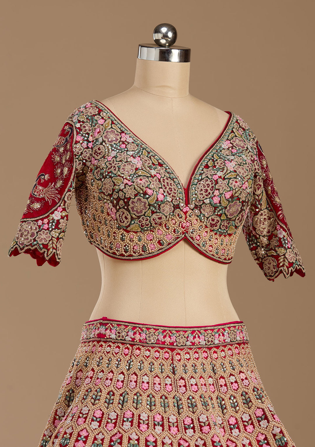 Rani Pink Threadwork Net Readymade Lehenga