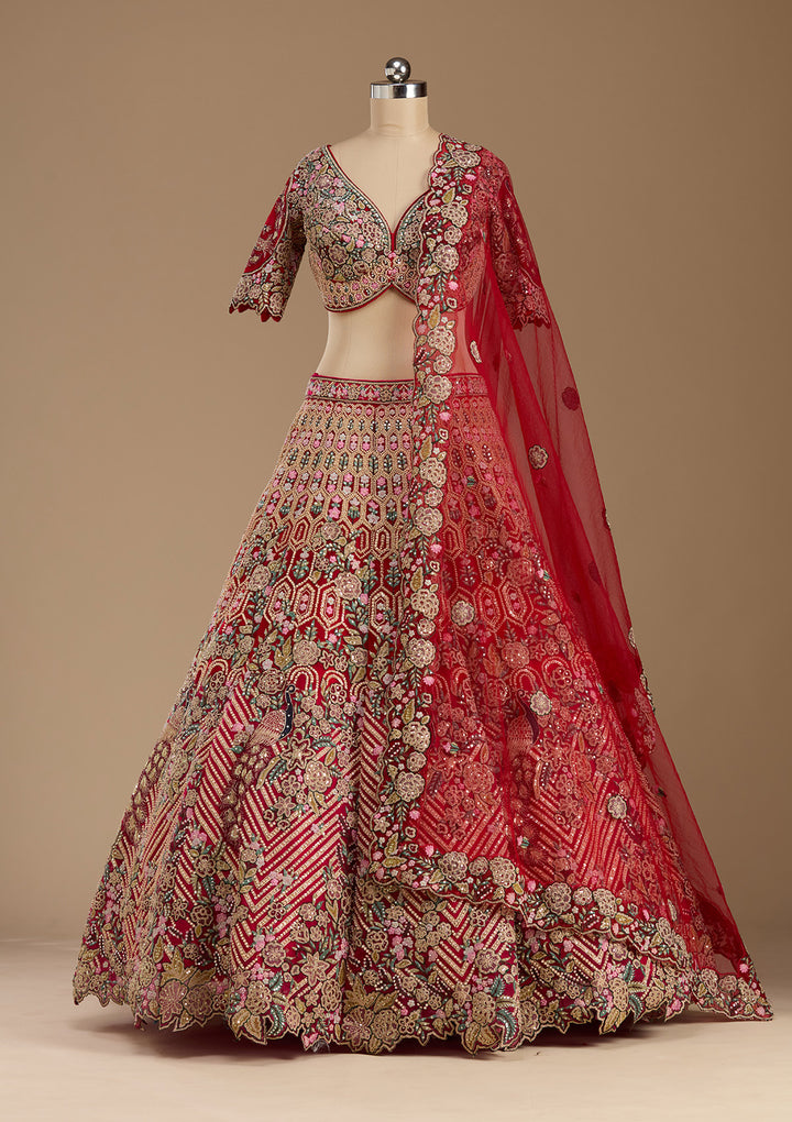 Rani Pink Threadwork Net Readymade Lehenga
