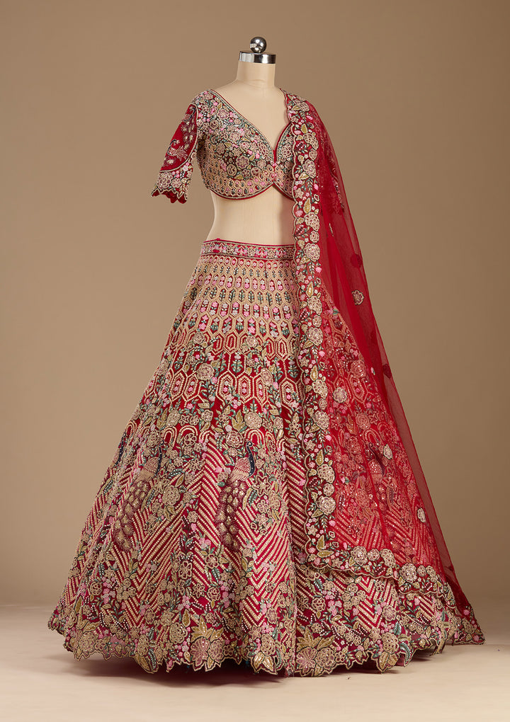 Rani Pink Threadwork Net Readymade Lehenga