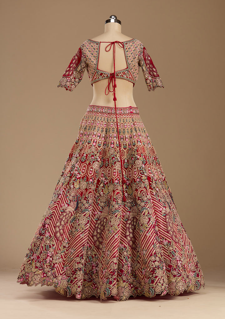 Rani Pink Threadwork Net Readymade Lehenga