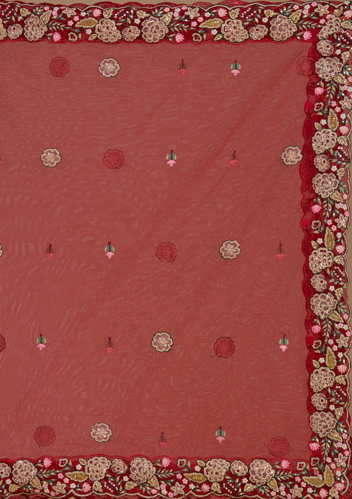 Rani Pink Threadwork Net Readymade Lehenga