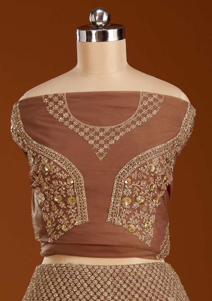 Light Brown Cording Net Readymade Lehenga