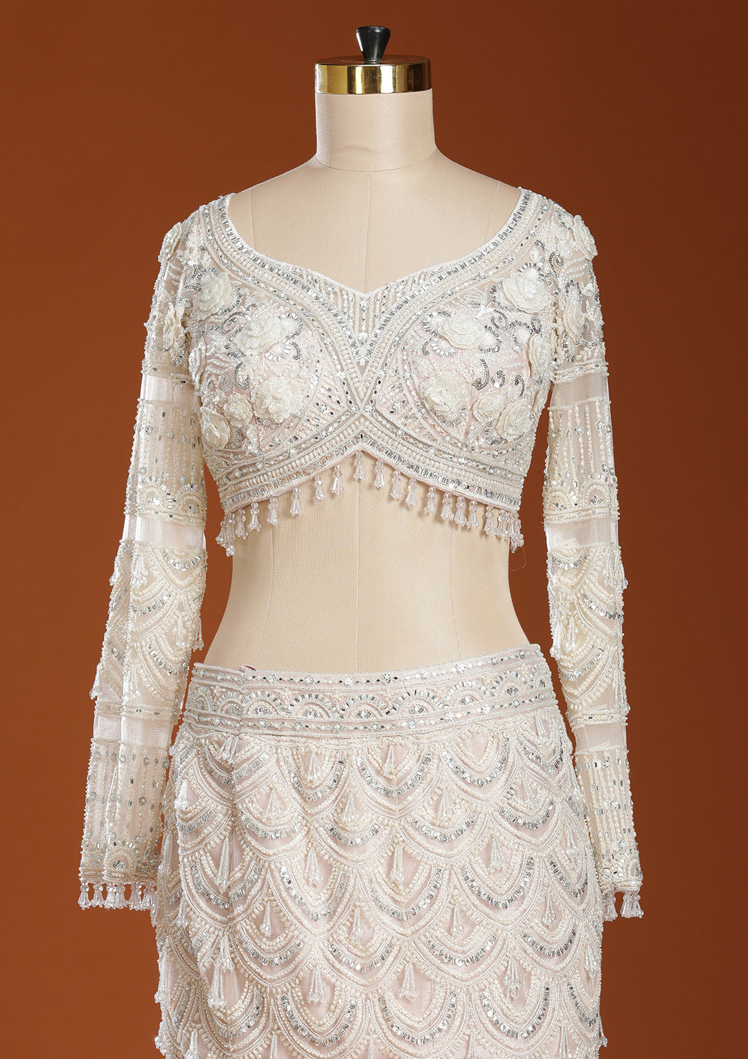 Peach Pearlwork Net Readymade Lehenga
