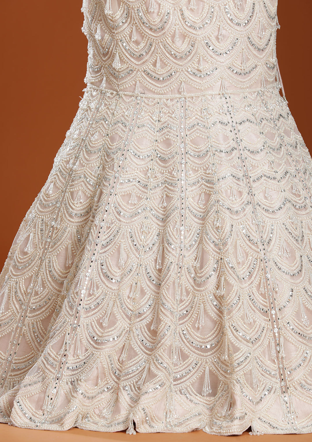 Peach Pearlwork Net Readymade Lehenga