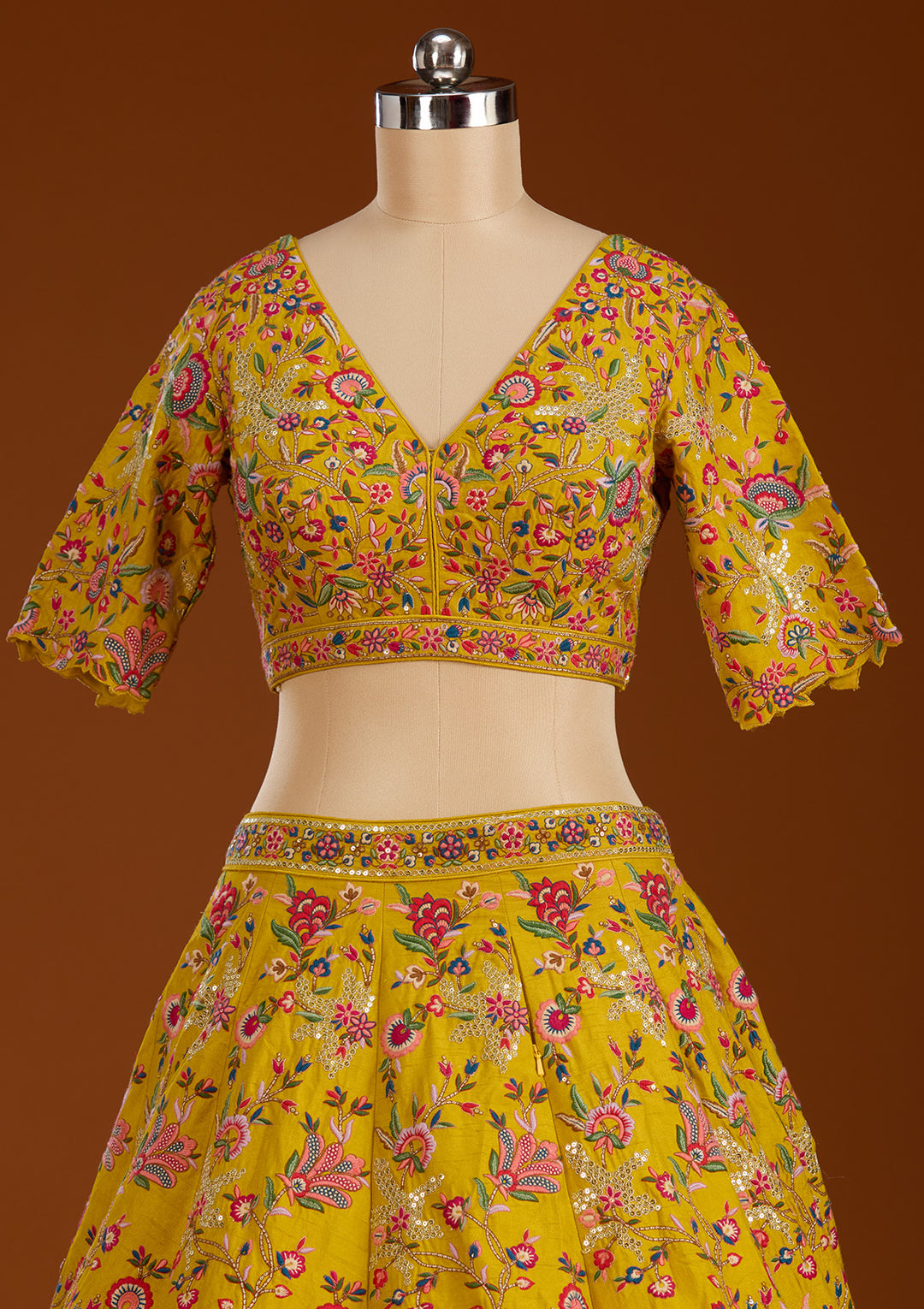Mustard Sequins Raw Silk Readymade Lehenga