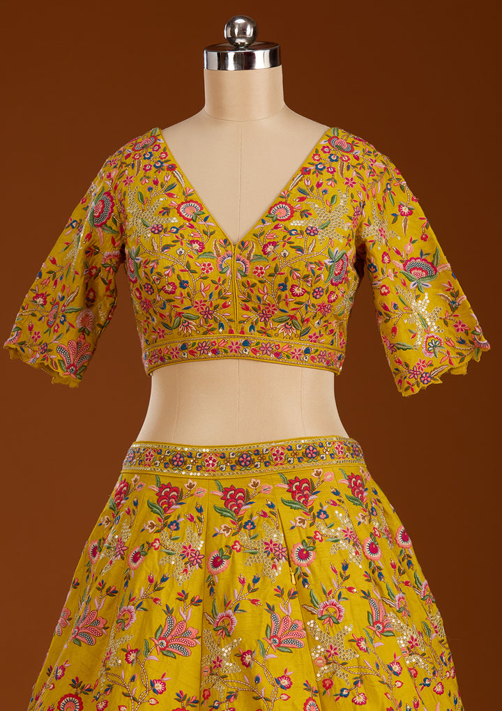 Mustard Sequins Raw Silk Readymade Lehenga