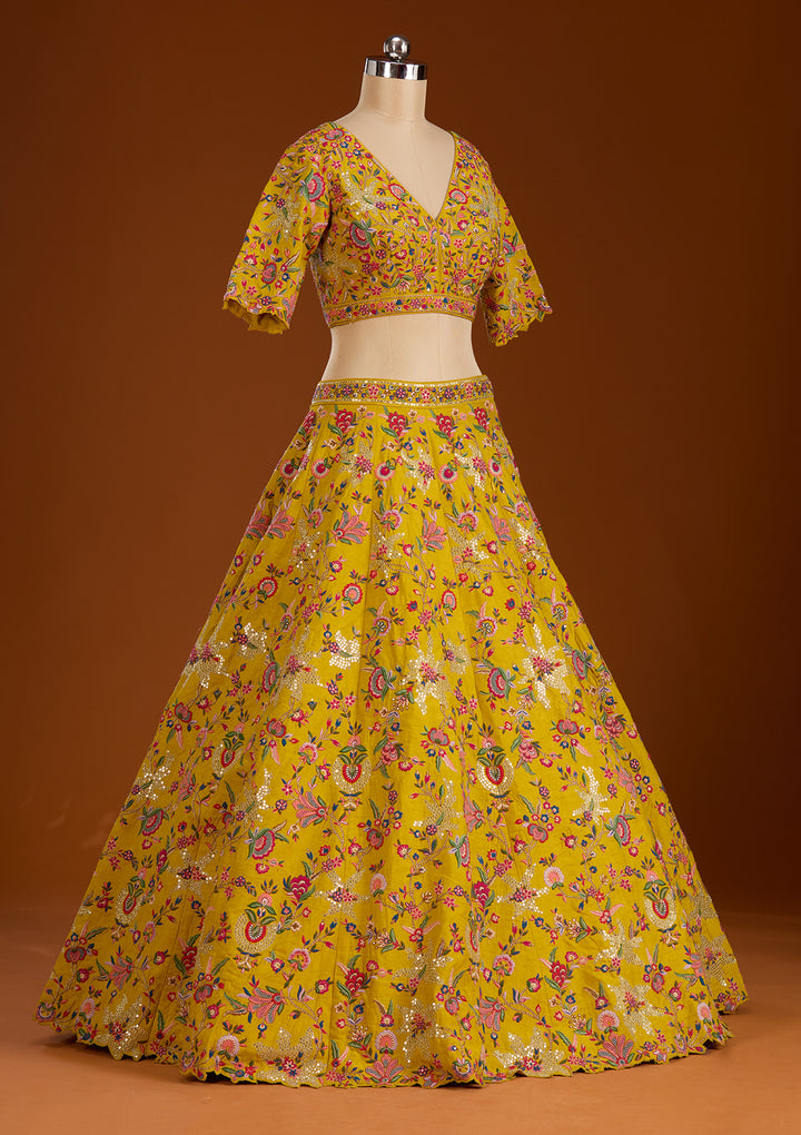 Mustard Sequins Raw Silk Readymade Lehenga