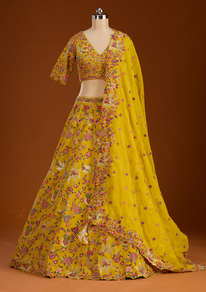 Mustard Sequins Raw Silk Readymade Lehenga