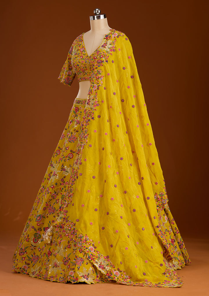 Mustard Sequins Raw Silk Readymade Lehenga