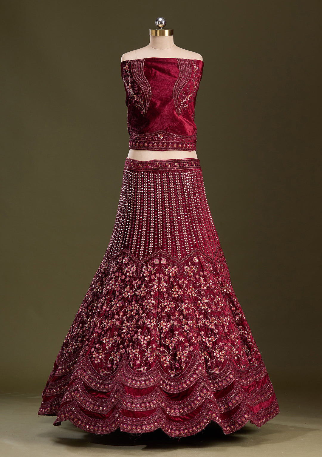 Maroon Zariwork Velvet Semi-Stitched Lehenga