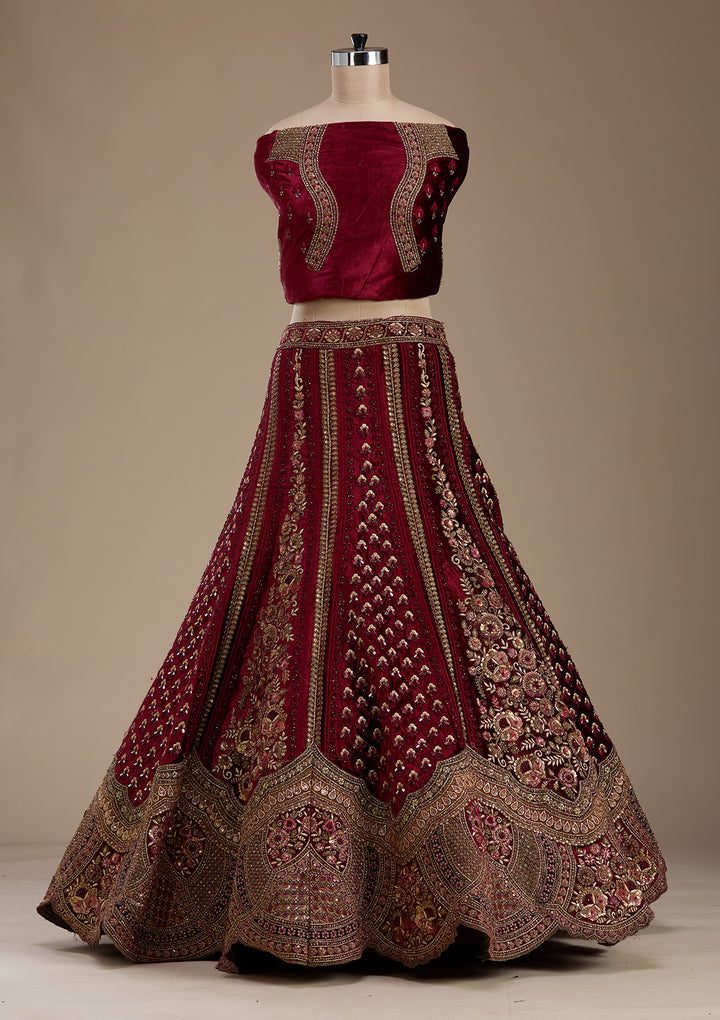 Maroon Zariwork Velvet Semi-Stitched Lehenga