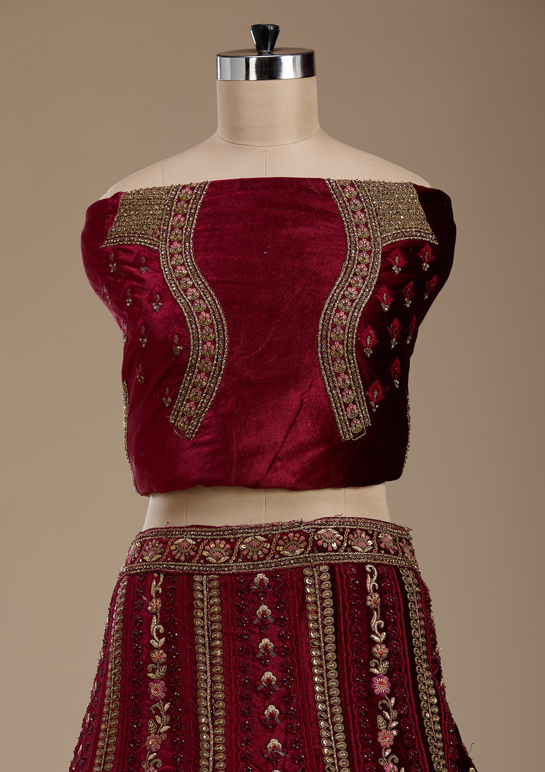Maroon Zariwork Velvet Semi-Stitched Lehenga