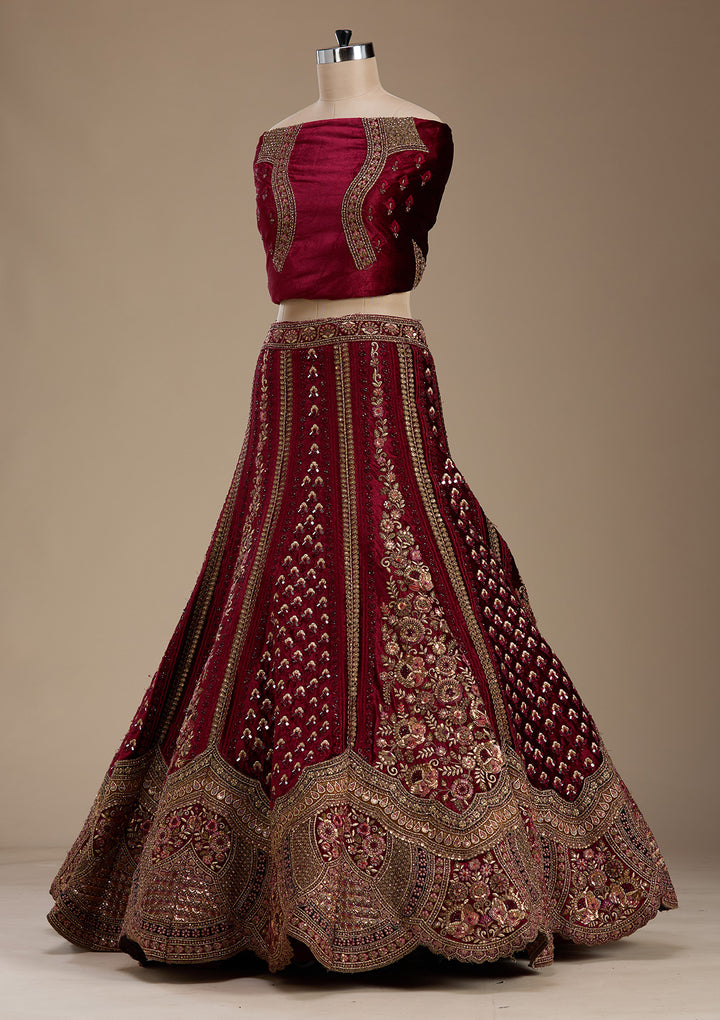 Maroon Zariwork Velvet Semi-Stitched Lehenga