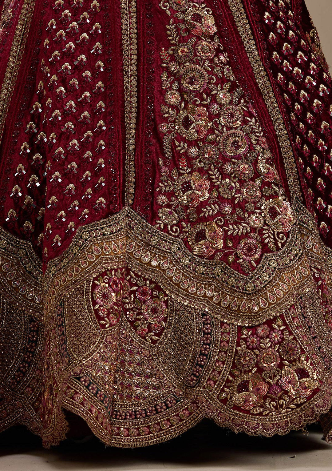 Maroon Zariwork Velvet Semi-Stitched Lehenga