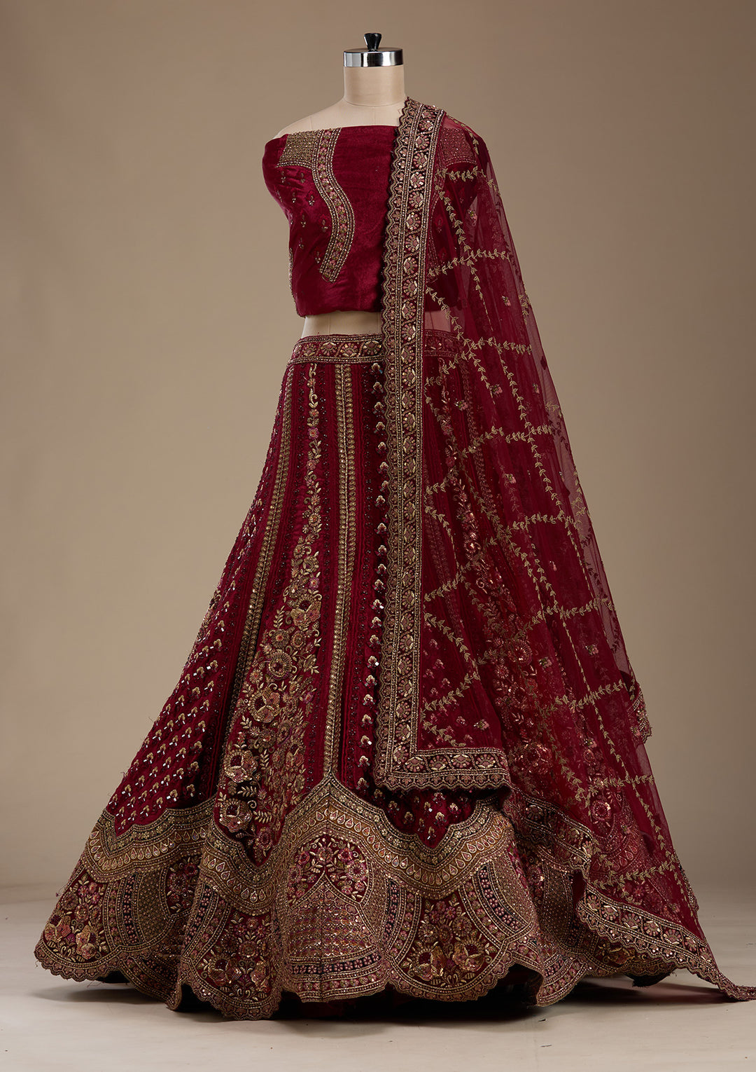 Maroon Zariwork Velvet Semi-Stitched Lehenga