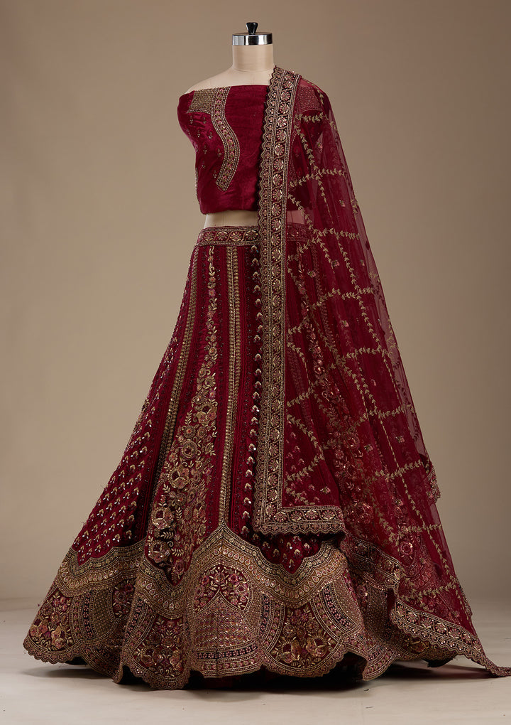 Maroon Zariwork Velvet Semi-Stitched Lehenga