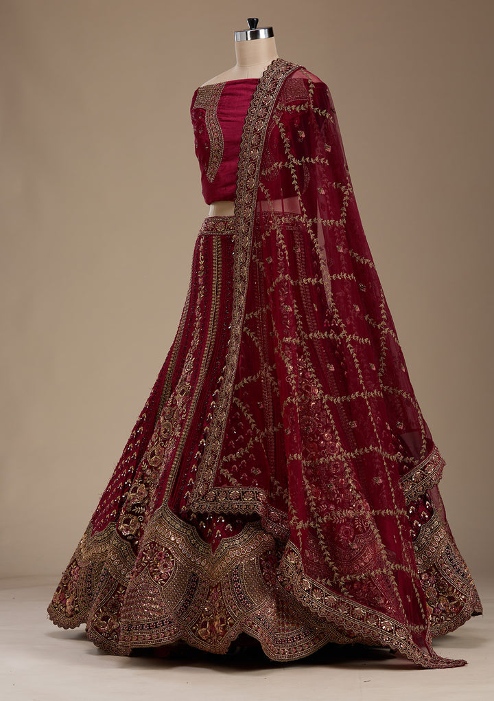 Maroon Zariwork Velvet Semi-Stitched Lehenga