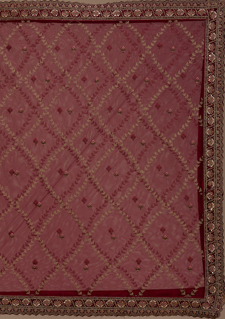 Maroon Zariwork Velvet Semi-Stitched Lehenga