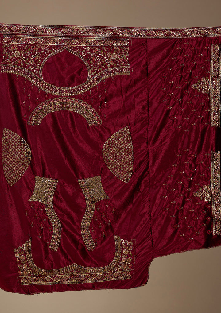 Maroon Zariwork Velvet Semi-Stitched Lehenga