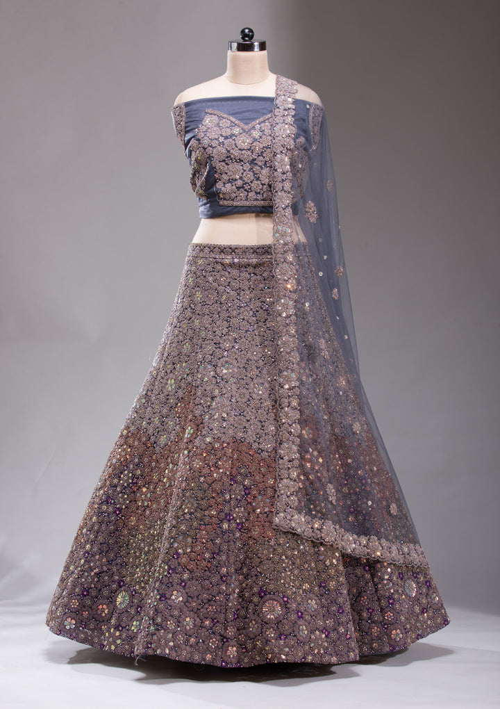 Navy Blue Zariwork Net Semi-Stitched Lehenga