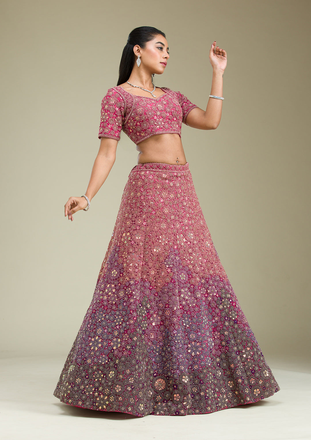 Pink Zariwork Tissue Semi Stitched Lehenga