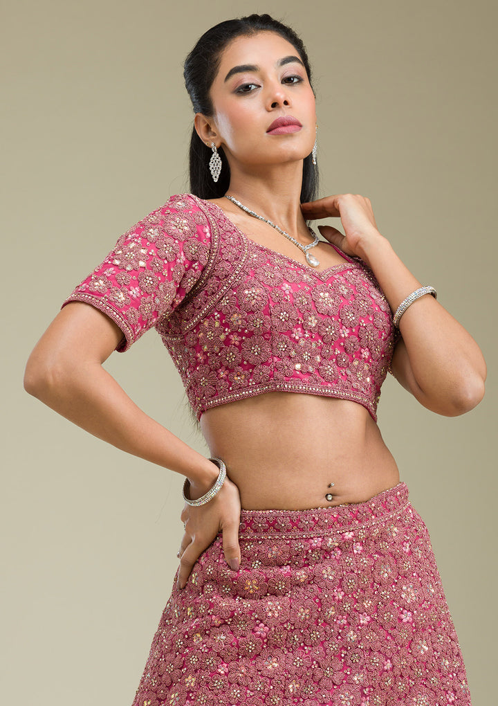 Pink Zariwork Tissue Semi Stitched Lehenga