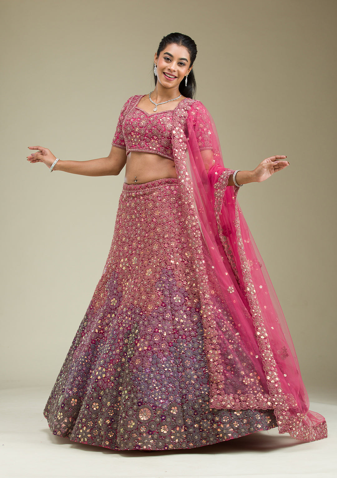 Pink Zariwork Tissue Semi Stitched Lehenga
