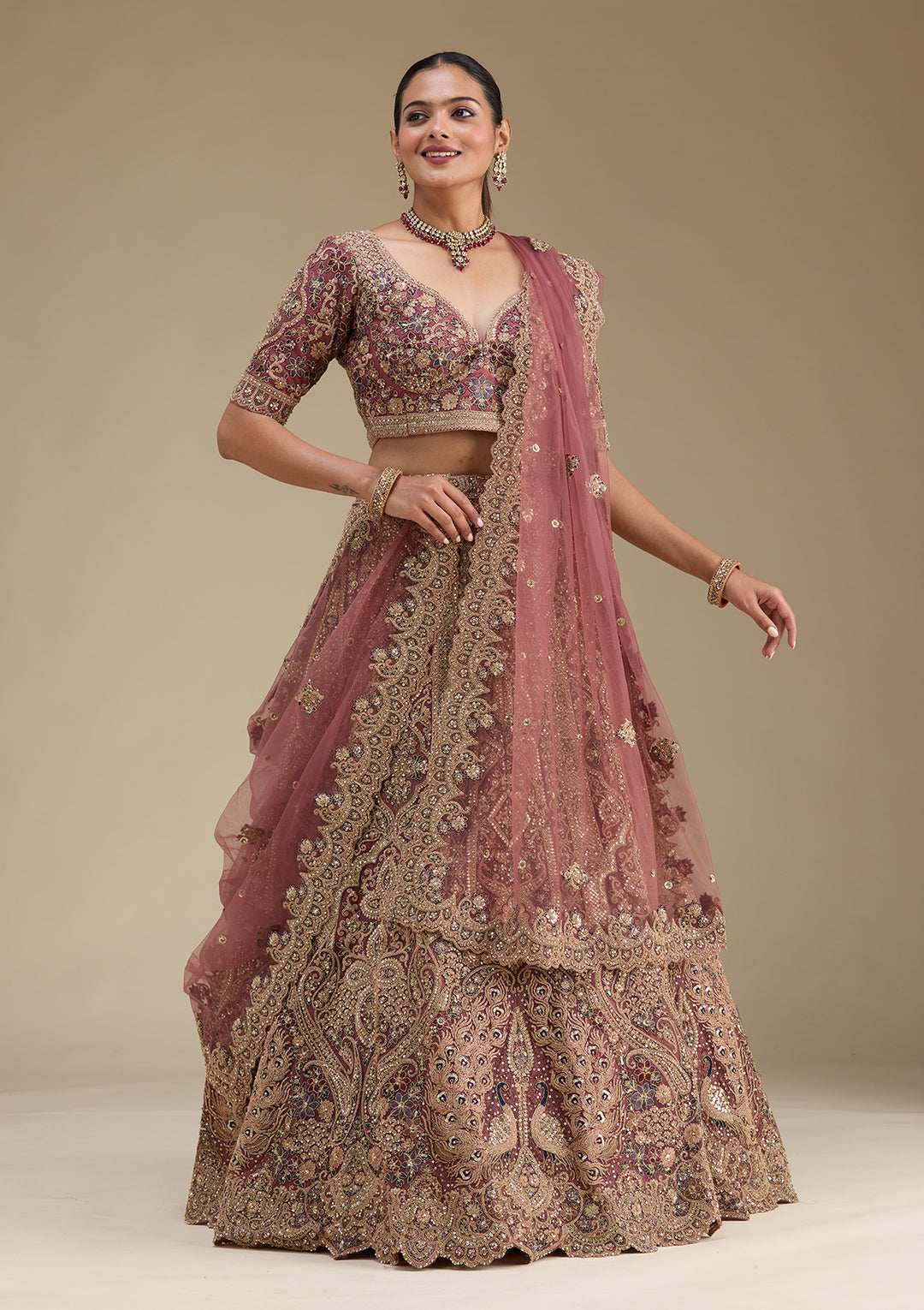 Onion Pink Zariwork Tissue Semi Stitched Lehenga