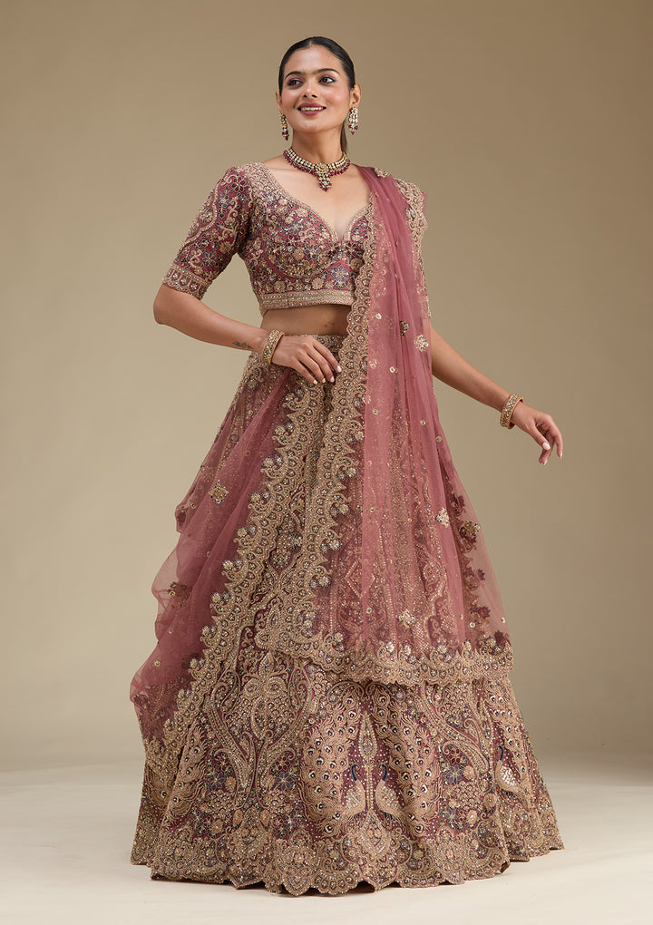 Onion Pink Zariwork Tissue Semi Stitched Lehenga
