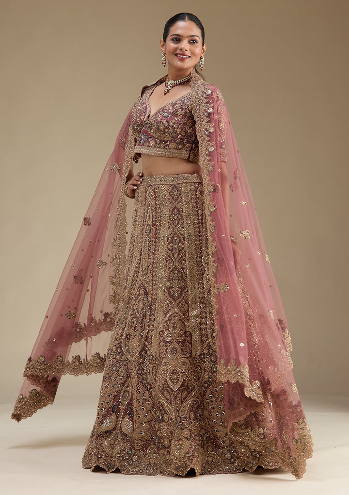 Onion Pink Zariwork Tissue Semi Stitched Lehenga
